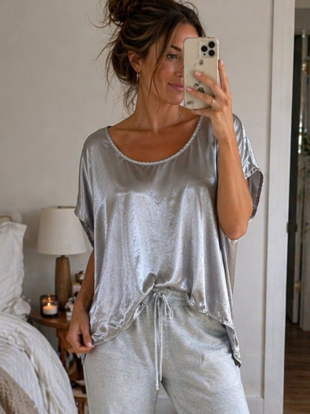 Pj HarlowSilver Metallic Satin Blouse Dolman Sleeve Roxxy pajama top loungewear